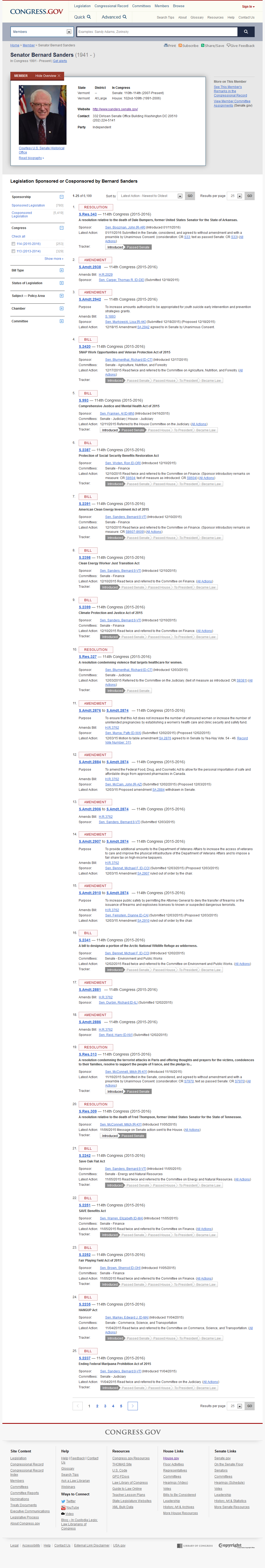 Sanders' Legislative Record